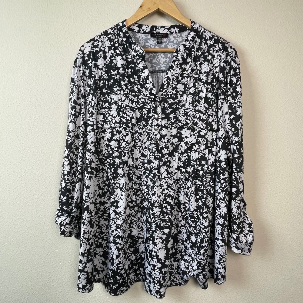 Cocomo‎ Woman Floral Tunic Blouse Womens 3X Black White Roll Tab Sleeve Eveyday